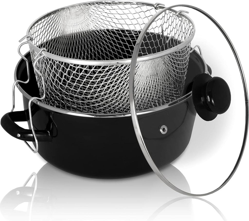 Emaille-Fritespan mit Chromrand und Glasdeckel - 24 cm - Wärmeleitende Pfanne für Pommes und Calamares