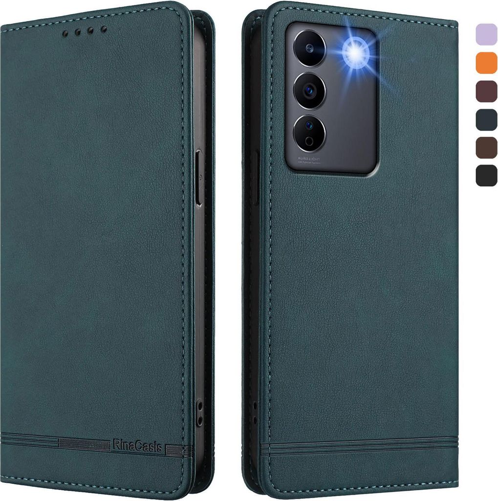 Hülle für Vivo V27 / V27 Pro, Retro Kunstleder Ständer Klapphülle mit Kartenfächer und Magnetische Grün