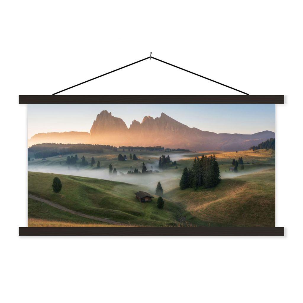 MuchoWow Textilposter Berg - Nebel - Landschaft 120x60 cm mit schwarzem Rahmen - Dekoration Schlafzimmer
