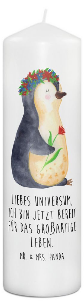 Mr. & Mrs. Panda Kerze Pinguin Blumen 29 x 8 cm XL - Weiß - Geschenk, Blockkerze, Pinguine, Erinnerungslicht, Geschenkidee, Positiv, Ziele, Erinne...