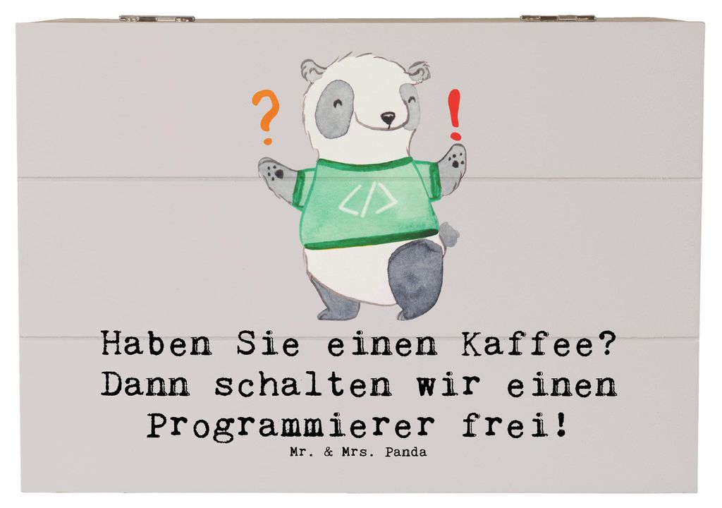 Mr. & Mrs. Panda Holzkiste Programmierer Kaffeezeit 22 x 15 cm - Grau Pastell - Geschenk, Geschenke mit Herz, Arbeitstempo, Softwareentwicklung, Be...