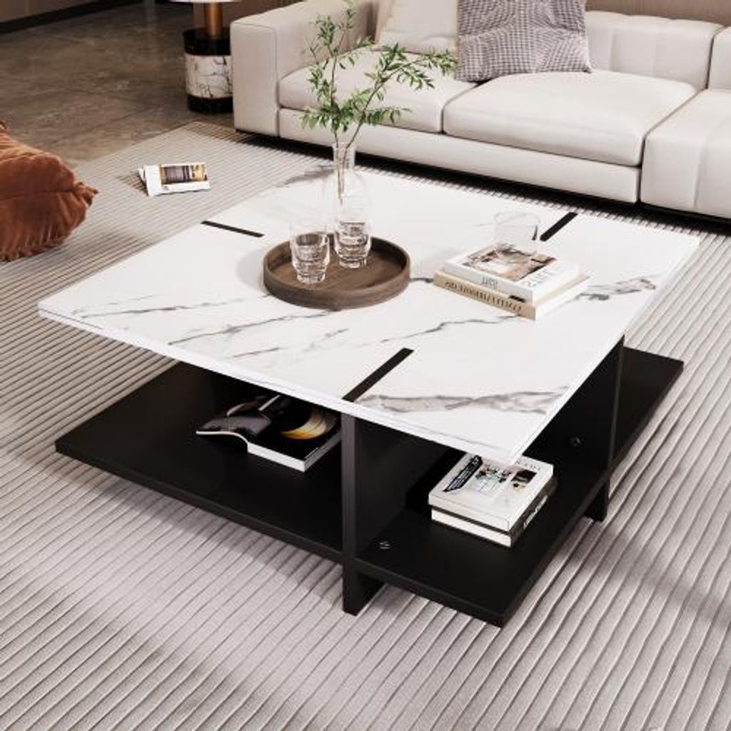 AIORBER Couchtisch, quadratisch, modernes minimalistisches, schwarz-weißes Design mit Ablageflächen, für Wohnzimmer, Arbeitszimmer, 72x 32x 72cm...