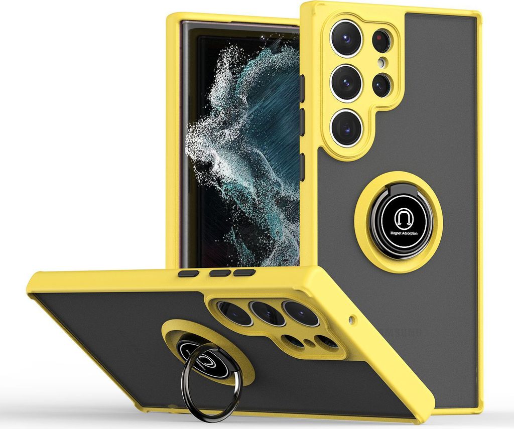 Samsung S23 Ultra Hülle, Ring Halter Ständer Matte Transluzent TPU Rahmen Stoßfest Schutzhülle für Samsung Galaxy S23 Ultra Gelb