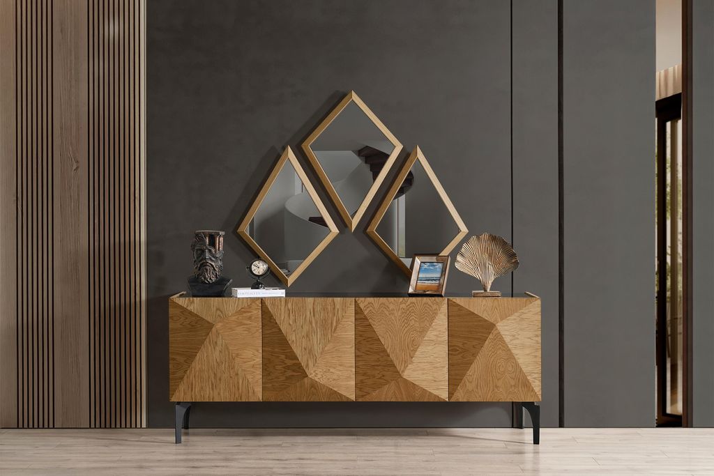 Braunes Wohnzimmer Set Designer Anrichte 3x Spiegel