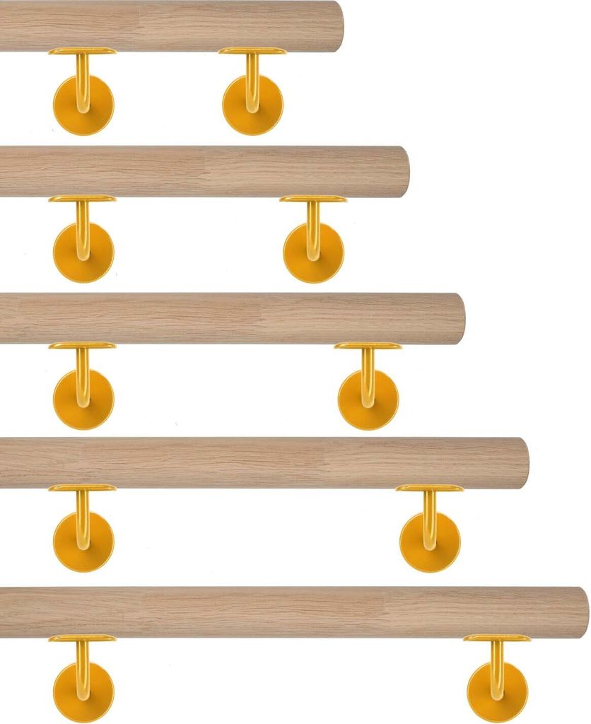 TIBU Eiche Holz Handlauf keilgezinkt unbehandelt Geländer 0,3m - 6m, Länge 140 cm und 2 Edelstahl Halter Messing Gold