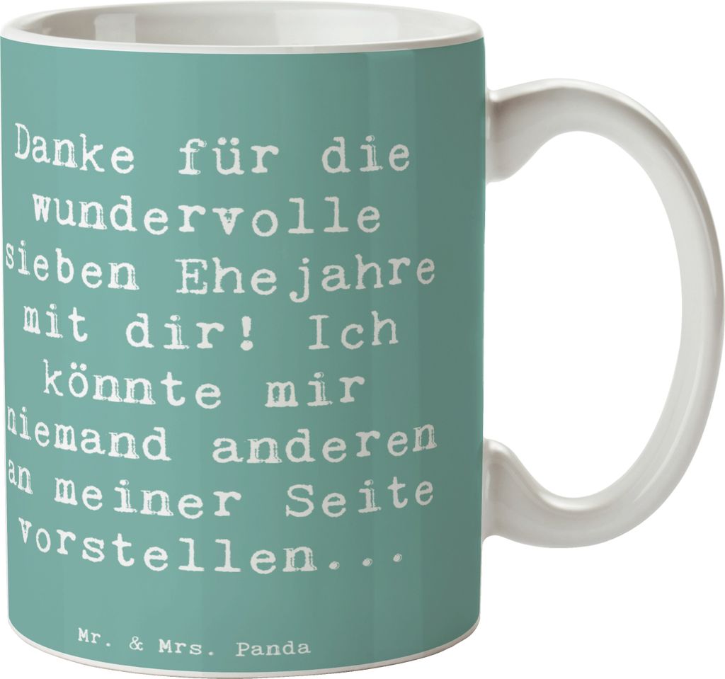 Mr. & Mrs. Panda Kaffeebecher Spruch 7. Hochzeitstag Kupferhochzeit - Meeresbrise - Geschenk, romantische Geschenke, Liebe und Zusammenhalt, Kerami...