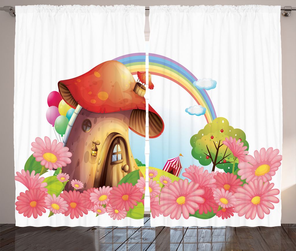 ABAKUHAUS Blumen Rustikaler Gardine, Pilz Haus im Garten, Schlafzimmer Kräuselband Vorhang mit Schlaufen und Haken, 280 x 225 cm, Mehrfarbig