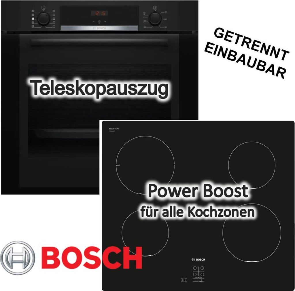 Herdset BOSCH Backofen Hydrolyse Teleskopauszug + Induktionskochfeld Booster autark 60 cm