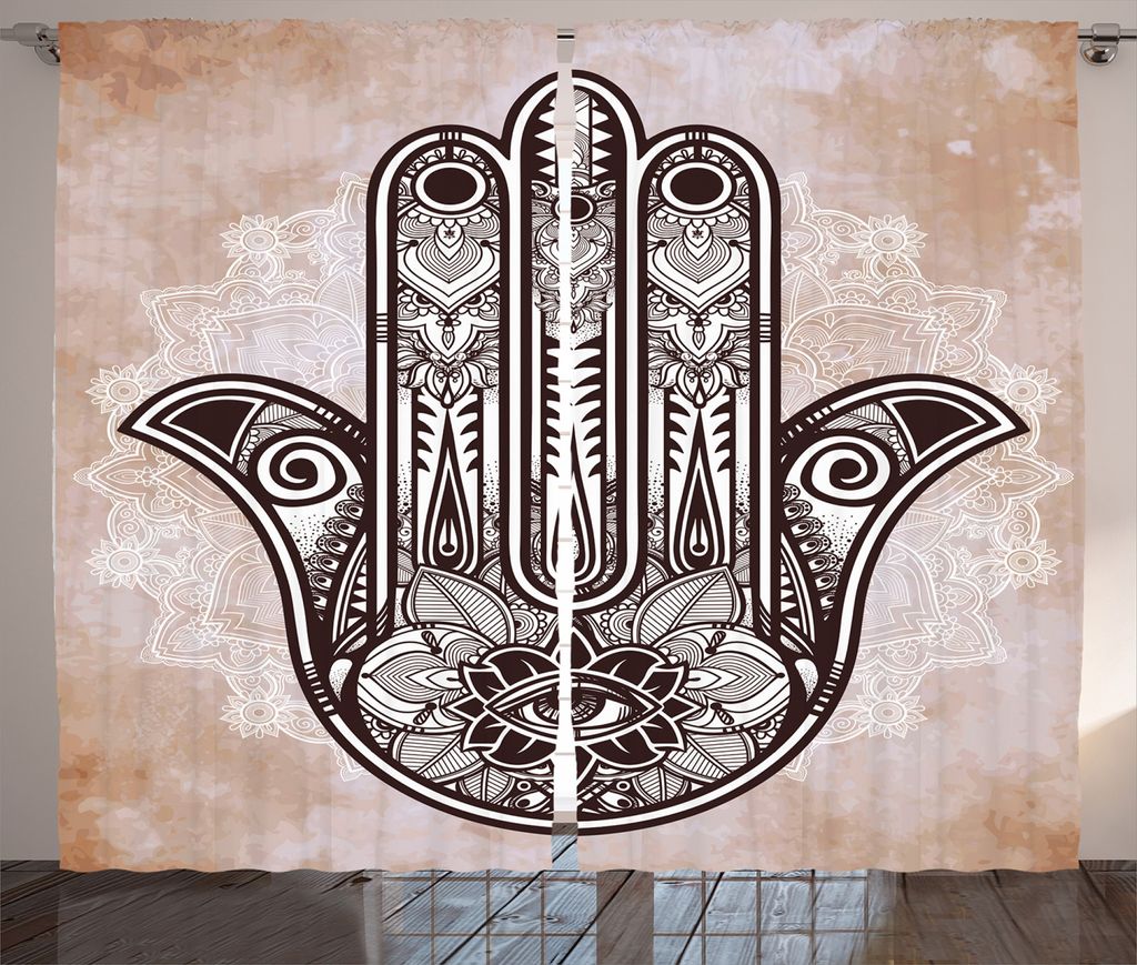 ABAKUHAUS Hamsa Rustikaler Vorhang, Mystic Mandala Eastern, Wohnzimmer Universalband Gardinen mit Schlaufen und Haken, 280 x 175 cm, Brown und Creme