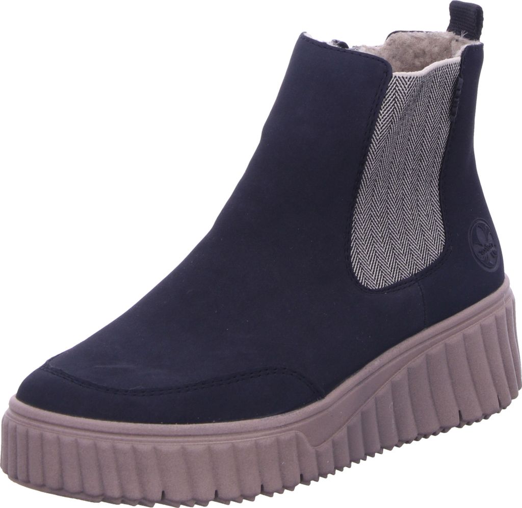A single blue Chelsea boot with a thick, ribbed sole is shown against a white background.