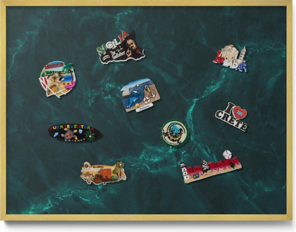 Magnetwand 80x60 cm – Goldener Rahmen – Flaschengrüner Marmor – Magnettafel, Magnetboard, Memoboard, Wohnzimmer & Büro