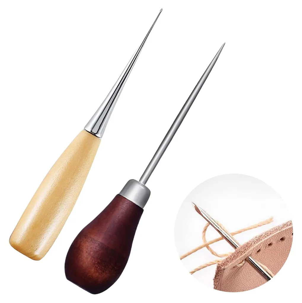 Alène pour cuir avec manche ergonomique en bois - Lot de 2 outils de main