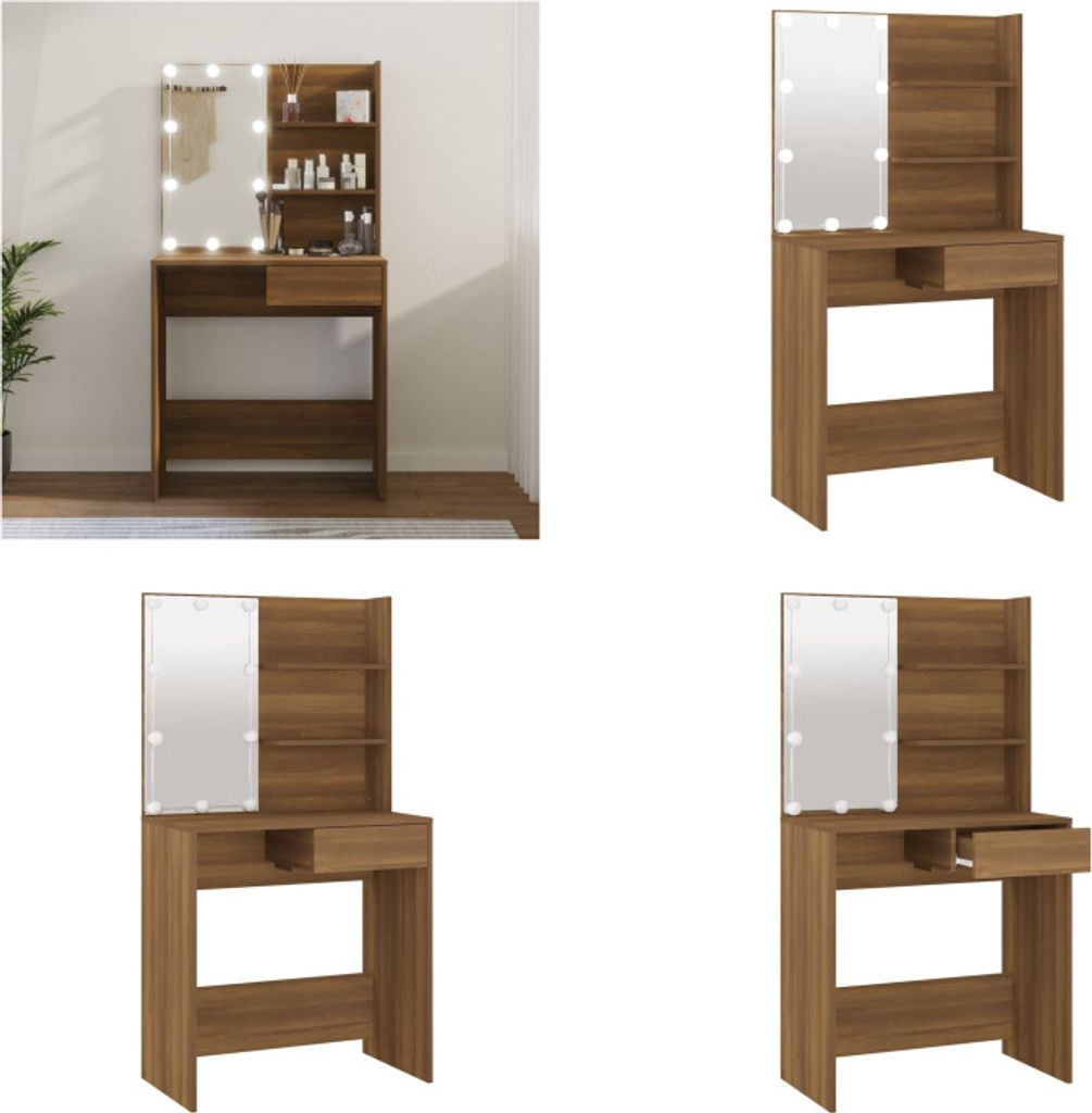 vidaXL Schminktisch mit LED Braun Eiche 74,5x40x141 cm - Schminktisch - Schminktische - Kosmetiktisch - Frisiertisch