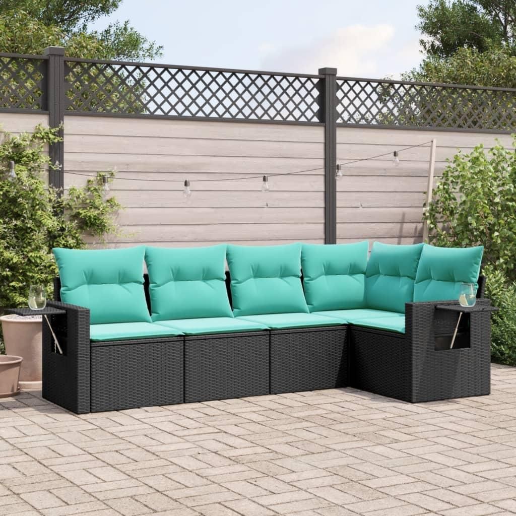 Möbel 5-teiliges Gartensofa-Set mit Kissen, schwarzes Polyrattan - Gartenmöbelgarnituren 3220126