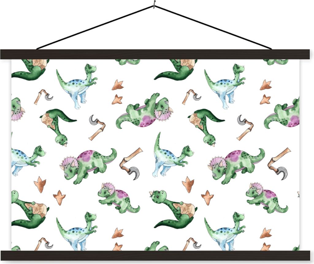 MuchoWow Textilposter Dinosaurier - Muster - Kinderzimmer - Jungen - Mädchen - Kinder 60x40 cm mit schwarzem Rahmen - Hölzernes