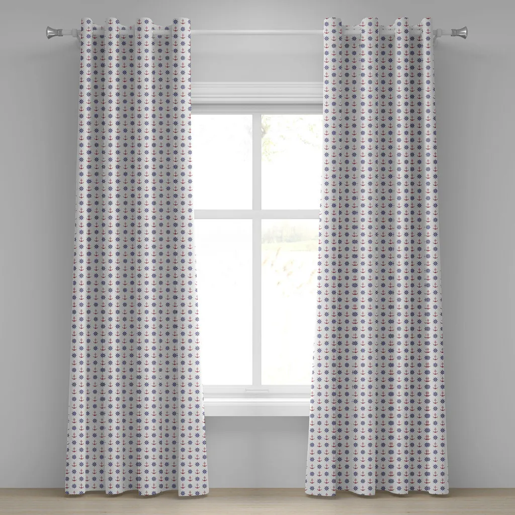 ABAKUHAUS Tenda con occhielli a forma di ancora, design marittimo con ancore e ruote di nave su sfondo bianco, stampa artistica, tende decorative a 2 pannelli per finestre, 280 cm x 175 cm, blu navy rubino