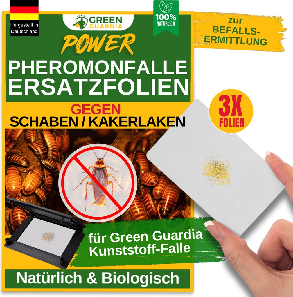 Green Guardia Ersatzklebeflächen mit Pheromon-Lockstoff-3x Fallen- Nachfüll-Set für Kunststoff-Fallen, Kakerlaken Klebefalle, Natürlich & Wirksam