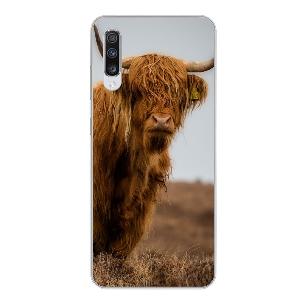 MuchoWow Handyhülle Schutzhülle Hülle für Samsung Galaxy A70 Schottischer Highlander - Düne - Gras Silikon Softcase Handy Hülle - Schutzhaube
