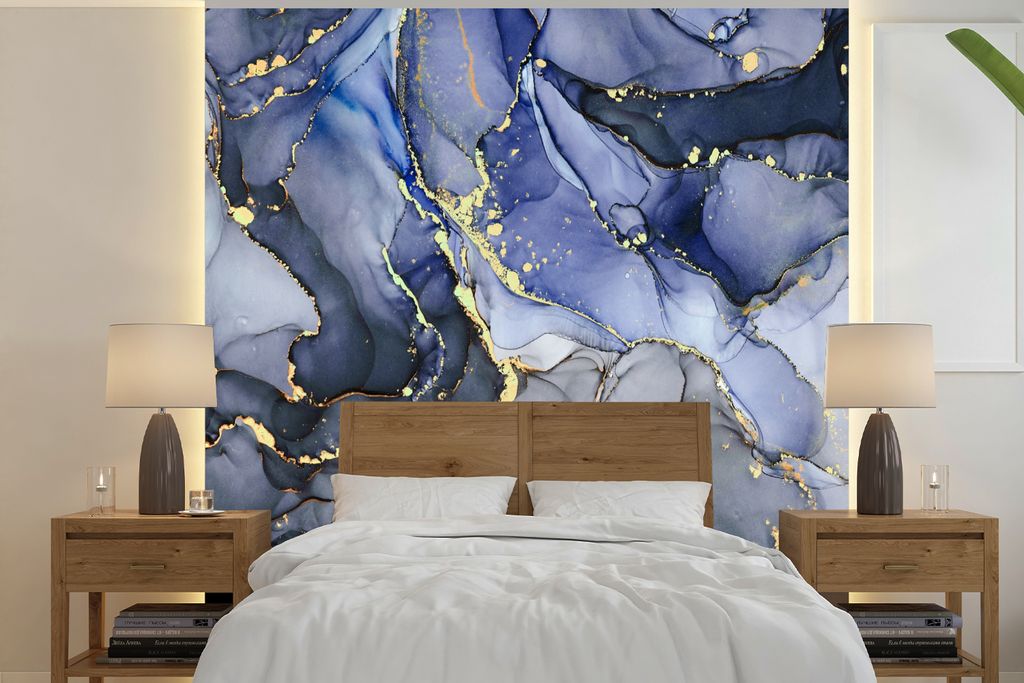 MuchoWow Fototapete für Wohnzimmer oder Schlafzimmer Wandtapete Vinyl Motivtapete Marmor - Gold - Abstrakt - Blau - 300x300 cm - Wanddekoration