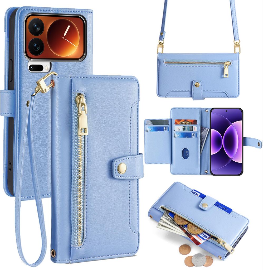 Handykette für Xiaomi 17 Pro Max Hülle mit Band Handyhülle Kartenfächer Kunstleder Umhängetasche in Hellblau
