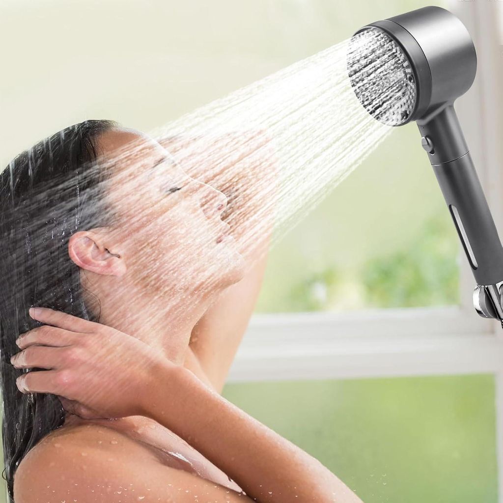 Hochdruck-Duschkopf - wassersparend - 5 einstellbare Stufen - mit Schlauch - schwarz - 4 Stück Baumwollfilter