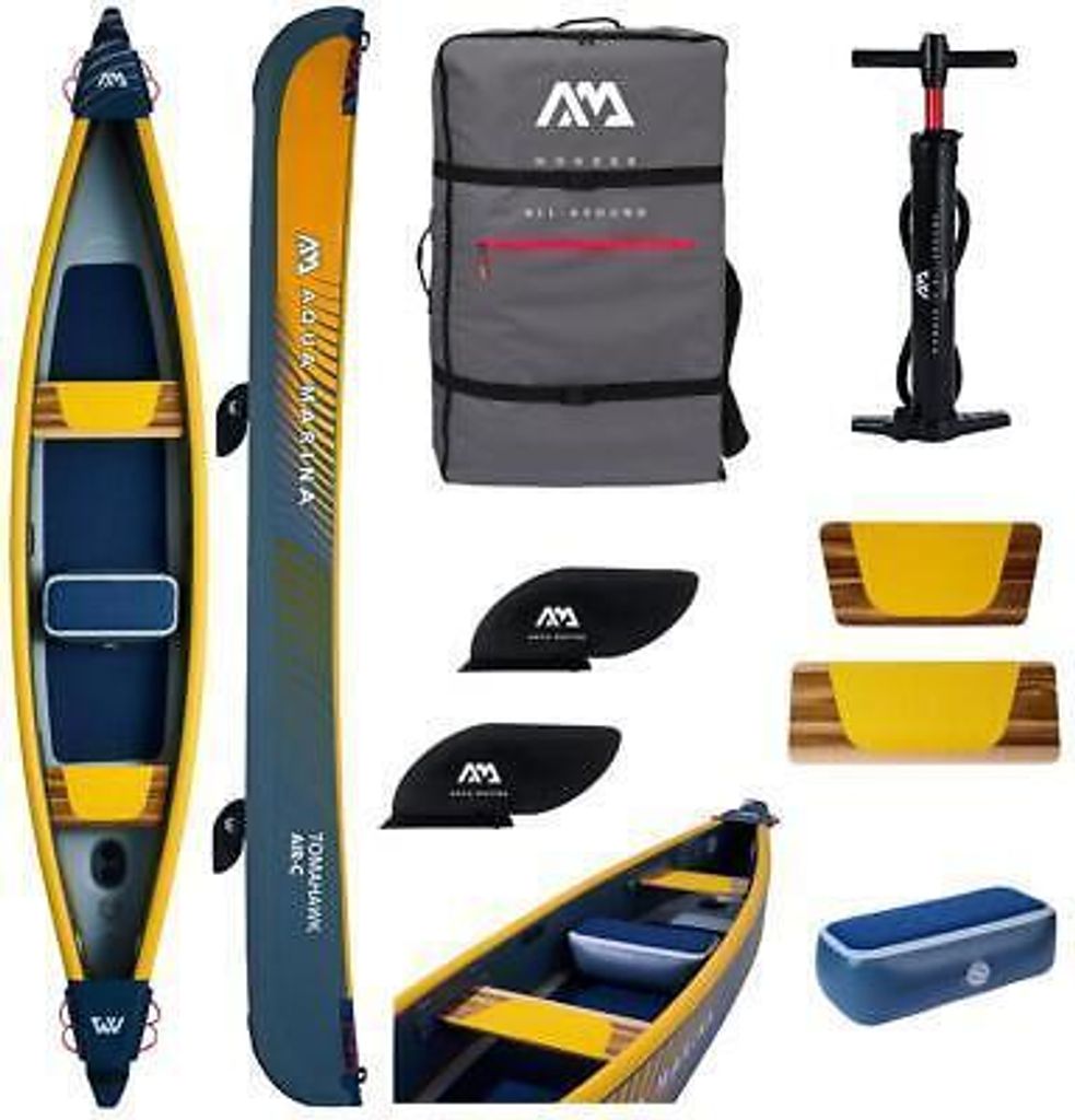 A collage of images showing an inflatable kayak and its accessories.