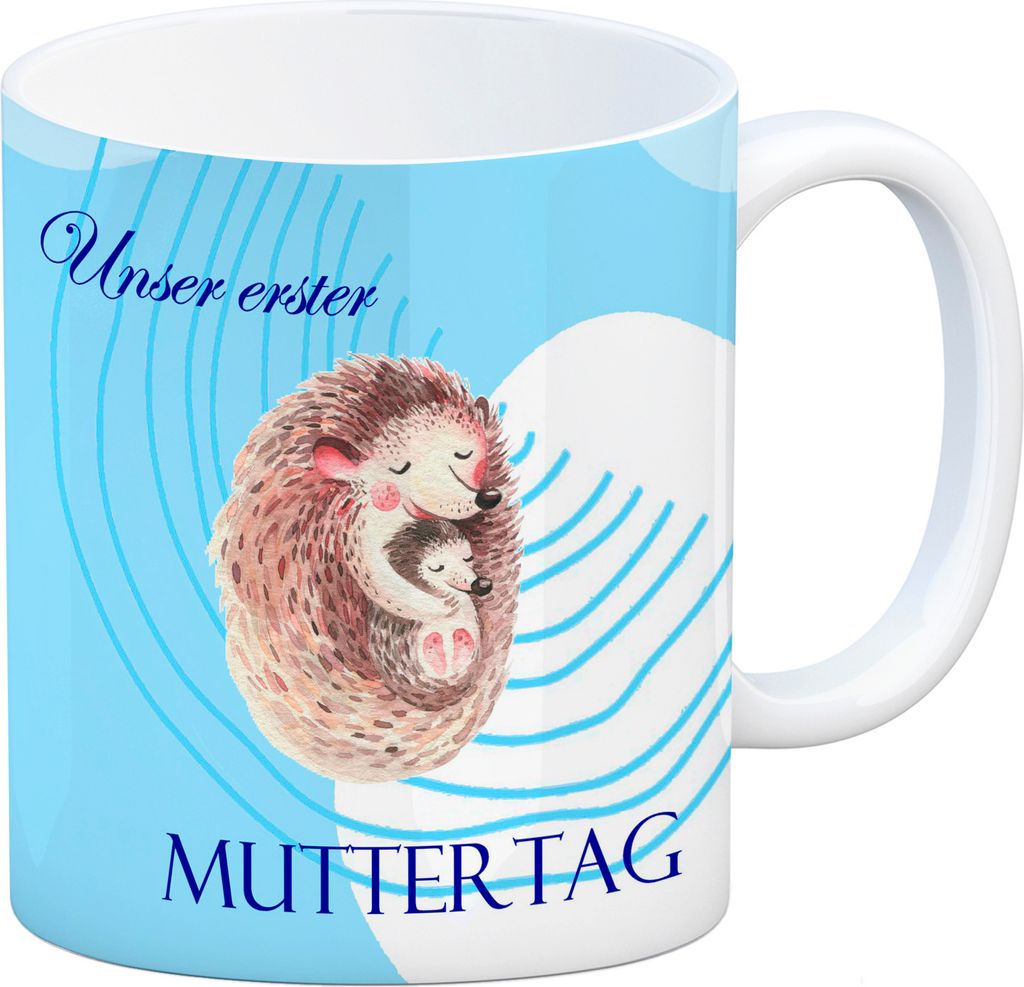 Igel-Kaffeebecher zu ersten Muttertag mit Mama und Baby in blau Tasse Becher