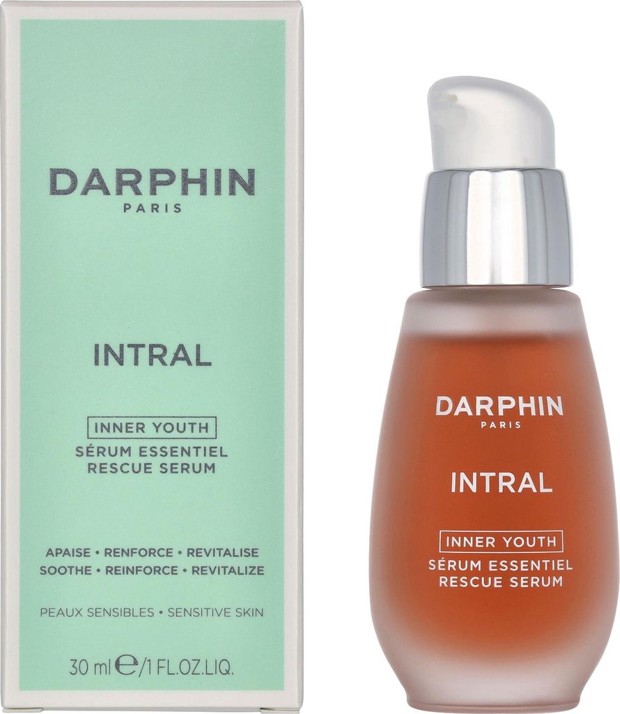 A product shot of a Darphin Intral Inner Youth Rescue Serum bottle and its packaging.