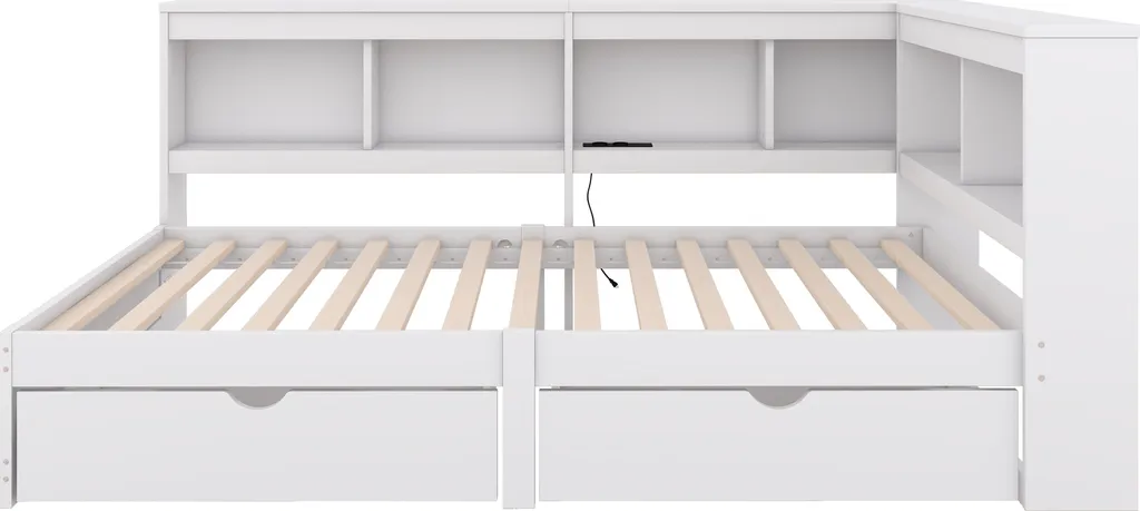 Lit avec bibliothèque tête de lit 90x200 blanc, USB et tiroirs de lit - 7