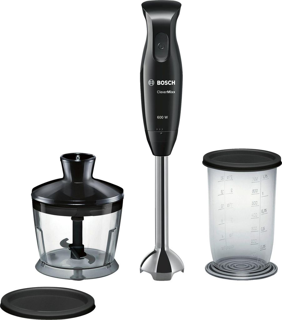 A Bosch hand blender and its accessories are displayed against a white background.