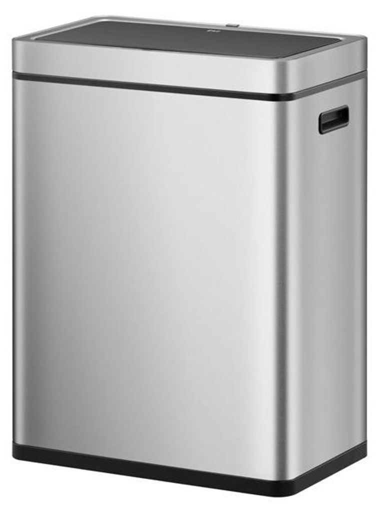 A silver rectangular trash can with a black lid and base, shown from a three-quarter angle against a white background.