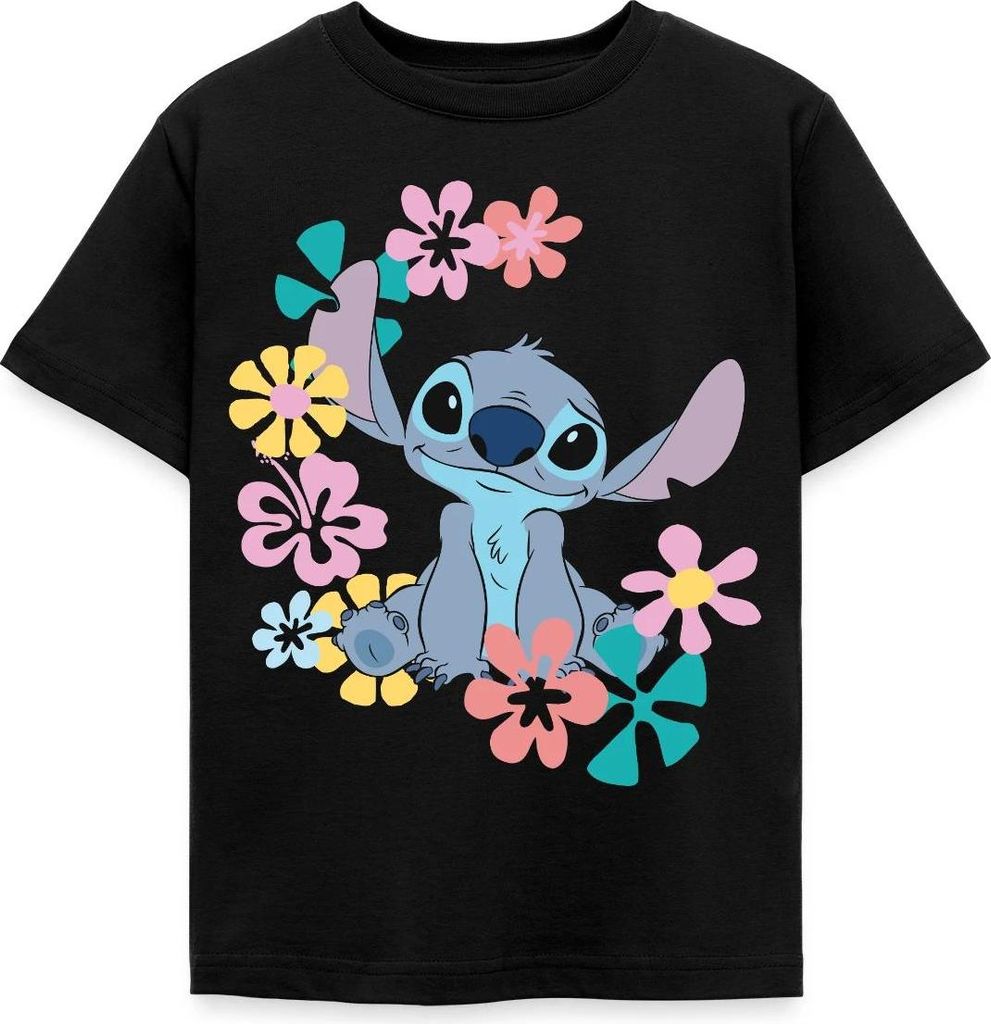 Lilo & Stitch | Stitch Mit Hawaiianischen Blumen Kinder T-Shirt, 122/128 (7-8 Jahre), Schwarz