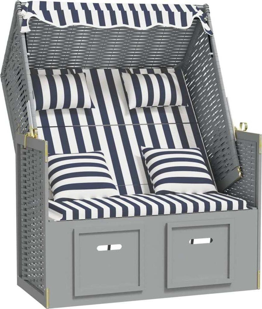 Strandkorb mit Kissen Poly Rattan und Massivholz Blau & Weiß