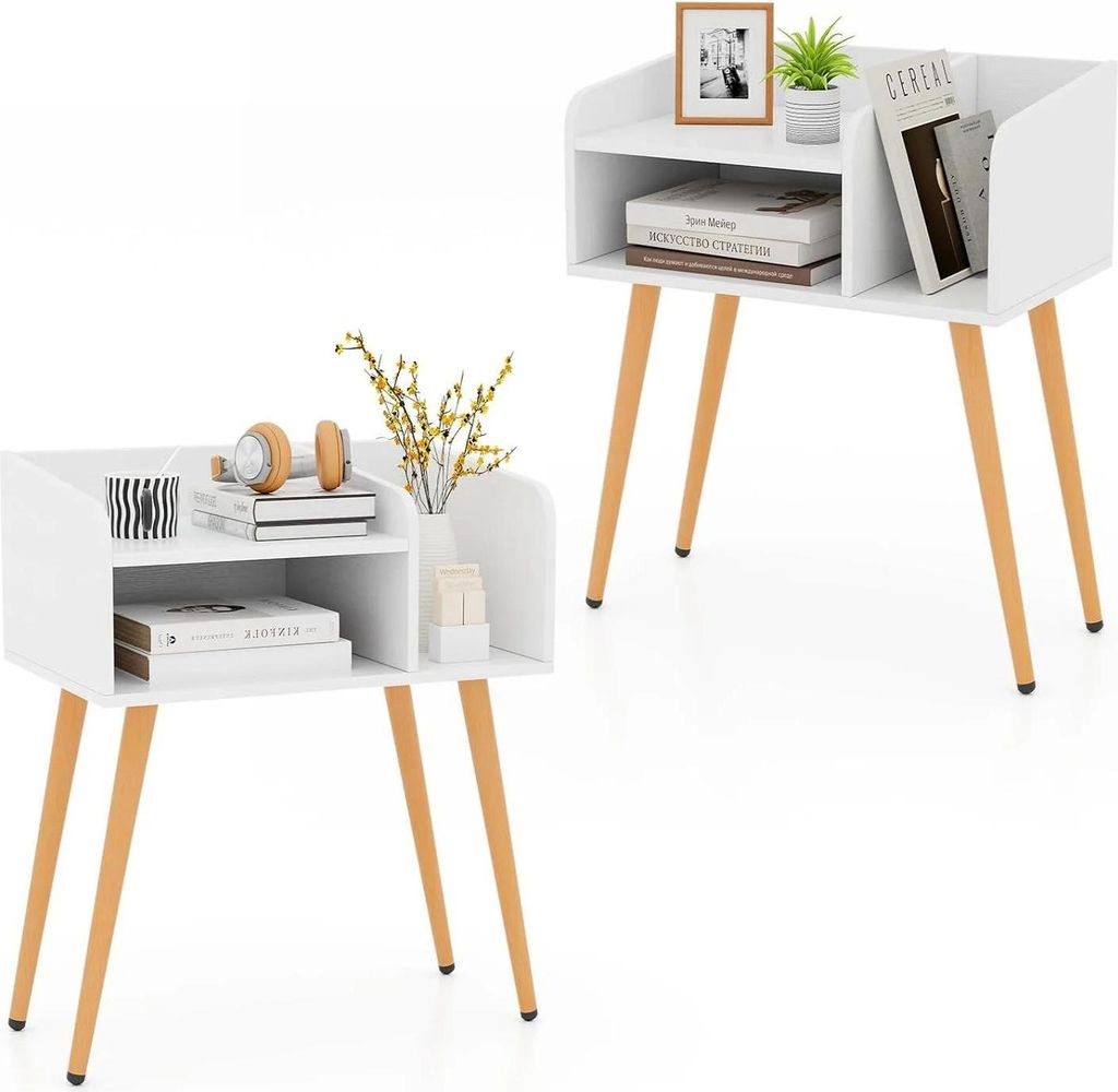 2er-Set Nachttische - Nachttisch/Beistelltisch - Offenes Fach - Metallbeine - Moderner Marokko-Stil - Weiß & Natur