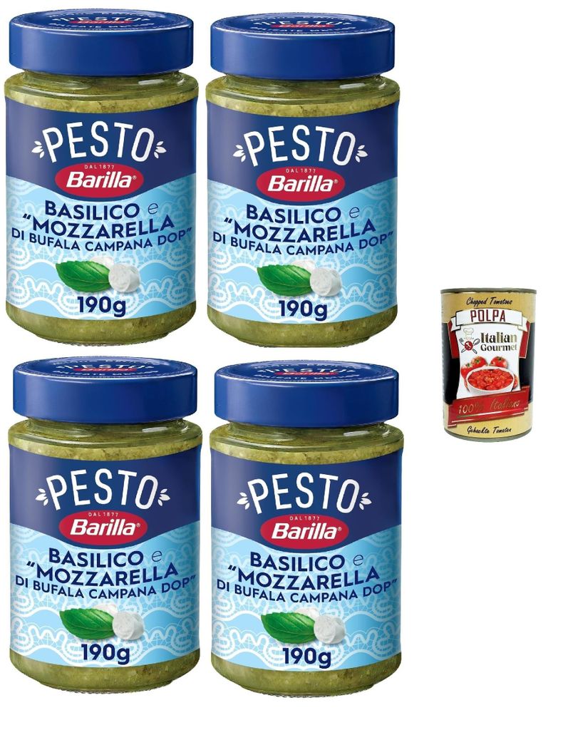 Barilla Pesto Basilico mit Büffelmozzarella DOP, Glutenfrei, 190g, 4er Pack, + Italian Gourmet polpa 400g