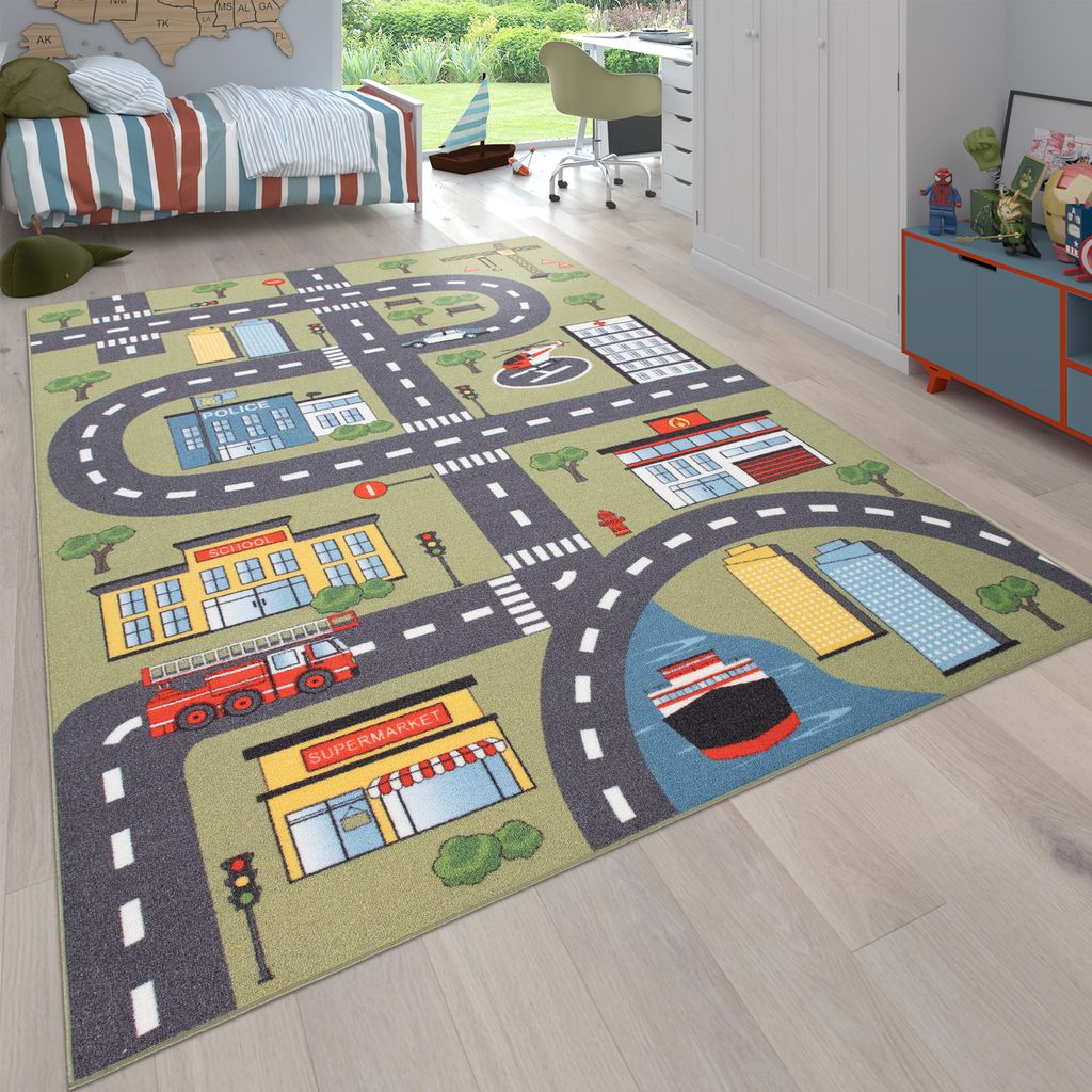Kurzflor Kinderteppich Kinderzimmer Teppich Spiel Motiv Straße Verkehr Grün 