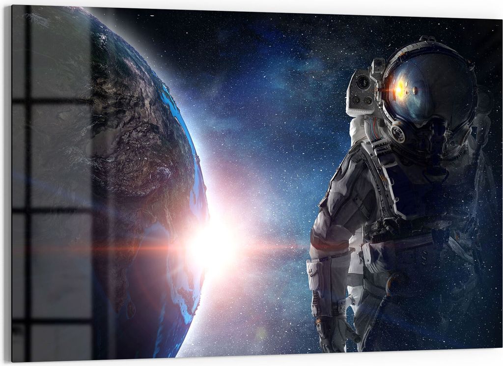 DEQORI Glasbild Echtglas 90x60 cm 'Kosmonaut vor Erdball' Wandbild Bild modern Deko