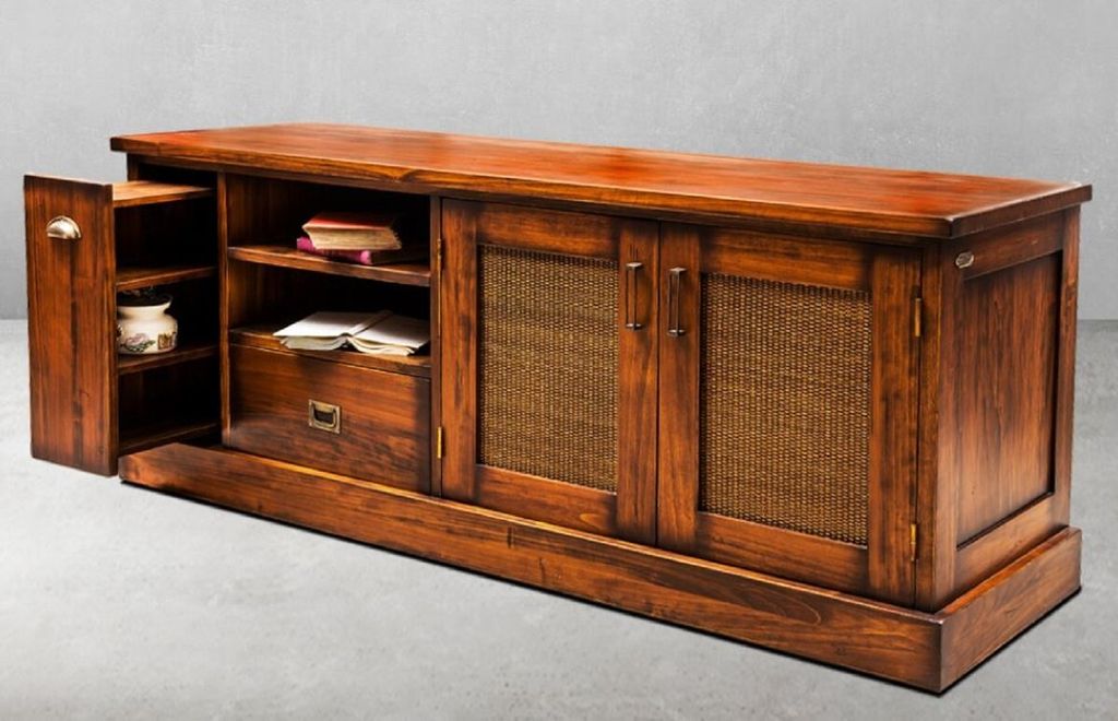 Casa Padrino Luxus Vintage Stil TV Schrank Braun / Messing 161 x 52 x H. 66 cm - Vintage Stil Sideboard mit 2 Türen und 2 Schubladen - Vintage Sti...