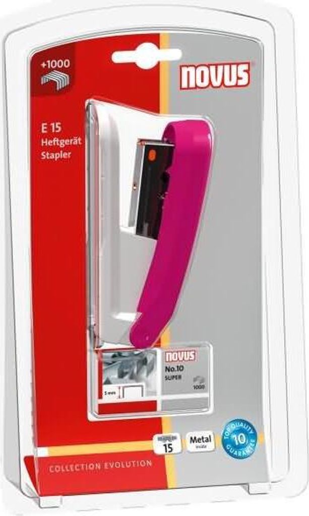 Novus Heftgerät E 15 fresh, bis 15 Blatt fresh pink/grau, im Blister