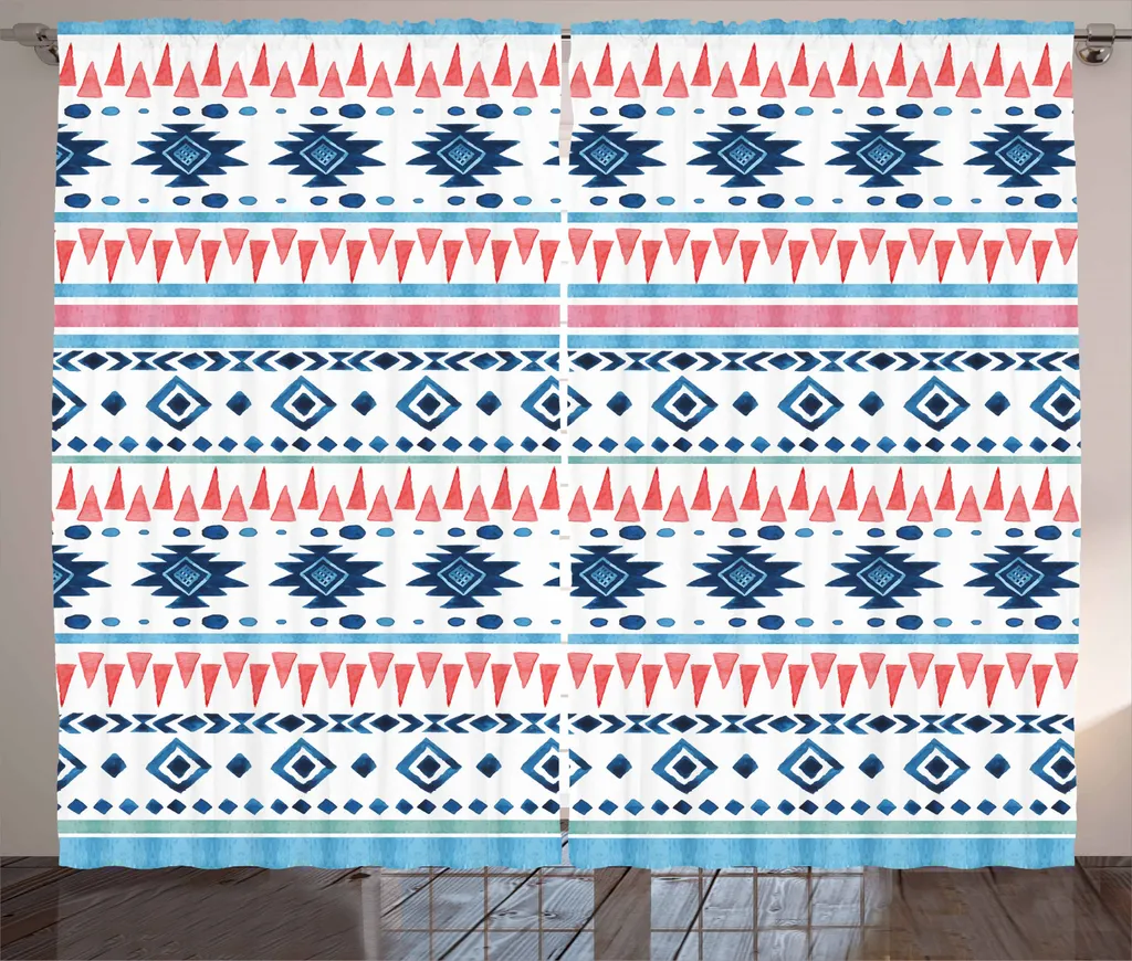 Rideau pour Grand Salon Ikat Bleu et Corail 280 x 225 cm Style Artistique