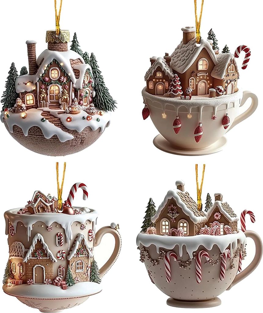 Haus-Kaffeetassen-Ornament aus Acryl, Schnee-Lebkuchenhaus-Weihnachtsbaumschmuck, Weihnachtsdekoration für Baum, Rucksack, Schlüsselanhänger