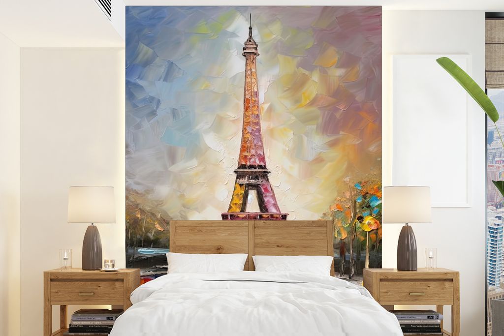 MuchoWow Fototapete für Wohnzimmer oder Schlafzimmer Wandtapete Vinyl Motivtapete Eiffelturm - Ölgemälde - Paris - 160x220 cm - Bildschirmhint...