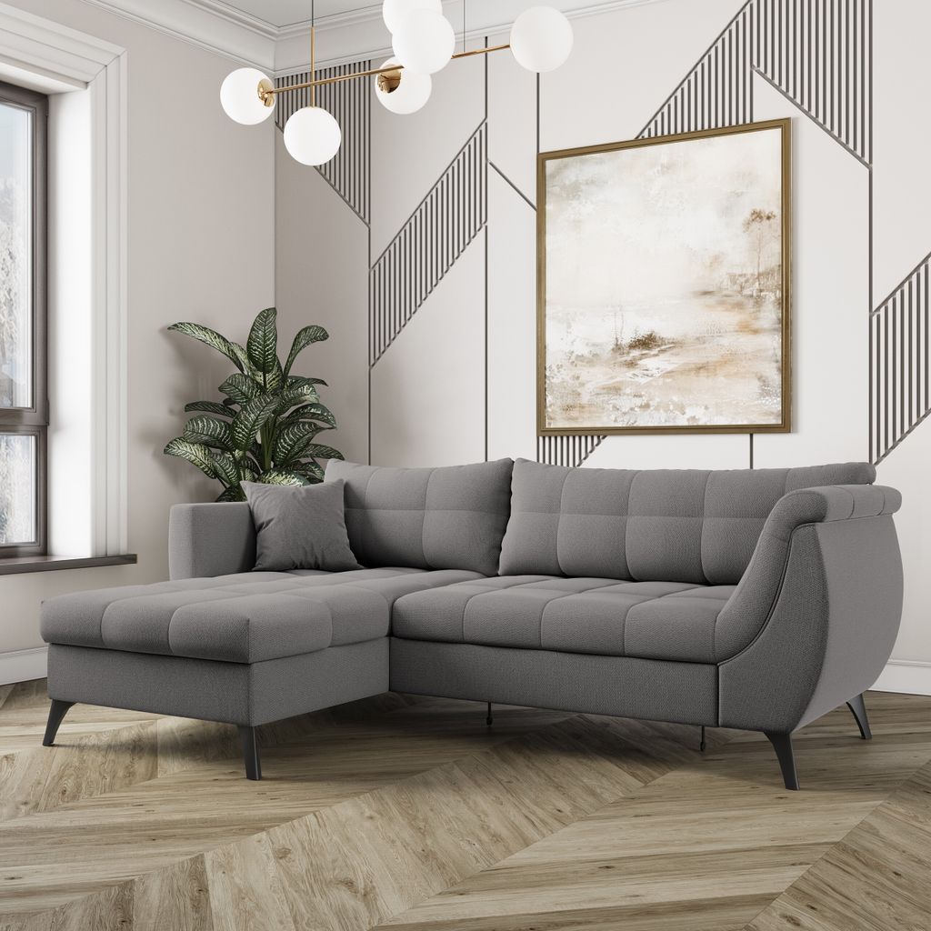 Masseno Ecksofa MOLLIS mit Schlaffunktion L-Form, Sofa mit Bettkasten, Wohnzimmersofa, Couch, Soffa, Bettsofa, Couchgarnitur- Grau, SORO 90