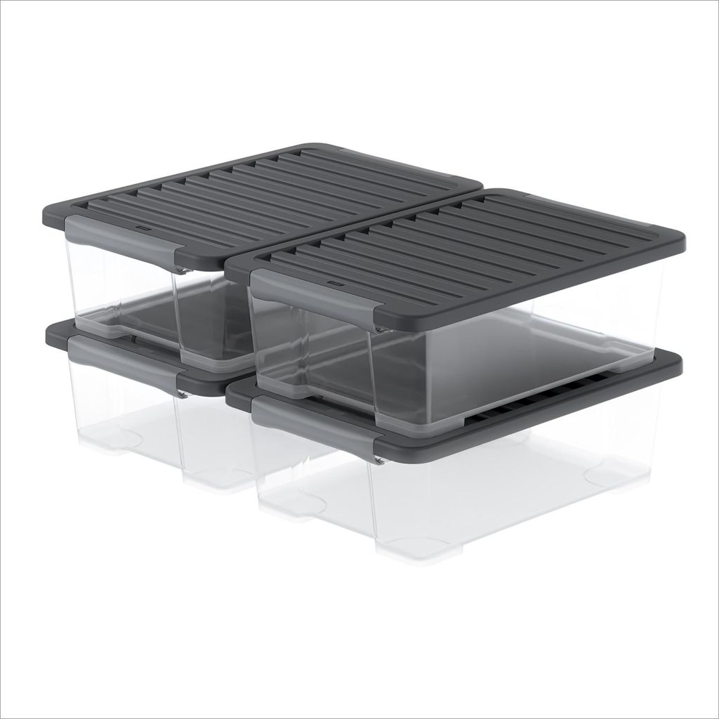 Rotho CORE PLUS 4er-Set Aufbewahrungsboxen 30 l – 59 × 39,5 × 18,5 cm – Kunststoffboxen mit Deckel, verschließbare Griffe, lebensmittelecht,...