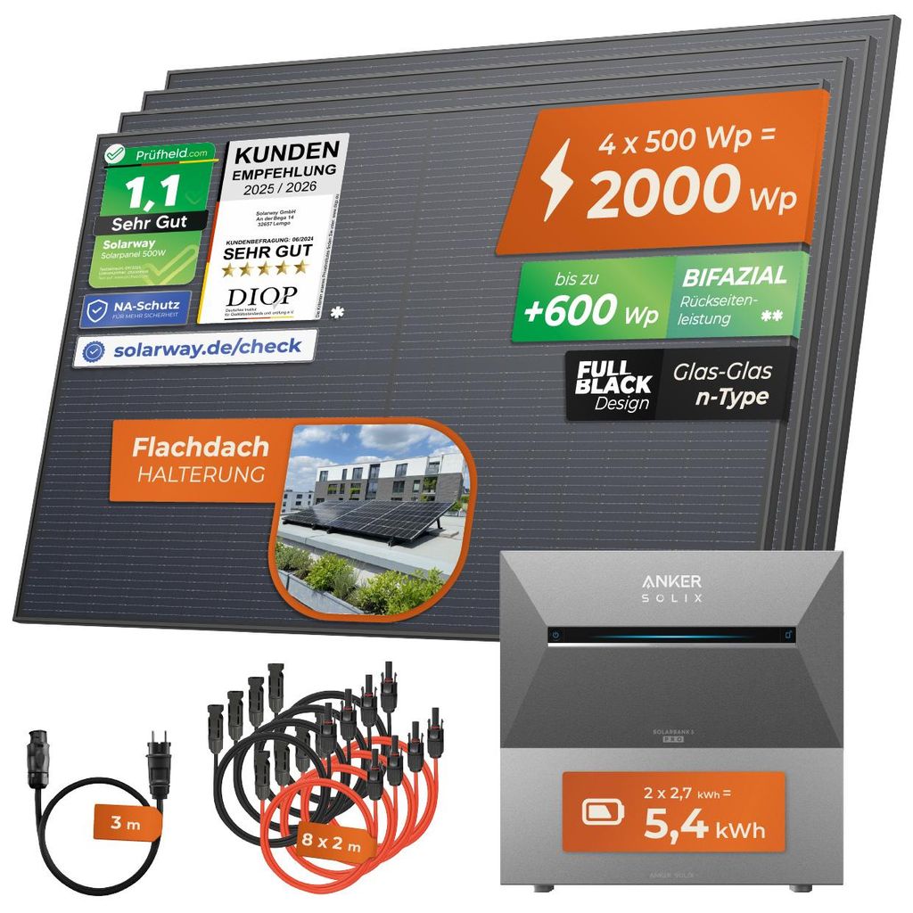 Solarway ️ 2000Wp / 800W Balkonkraftwerk mit 5,4kWh Speicher komplett Steckdose - 5,4 kWh Anker Solix 3 PRO Speicher - Solaranlage Komplettset -...