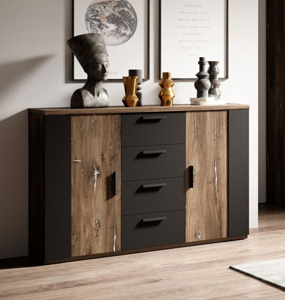 Kommode Sideboard Sigma 132cm Flagstaf Eiche dunkel - silber App. / schwarz