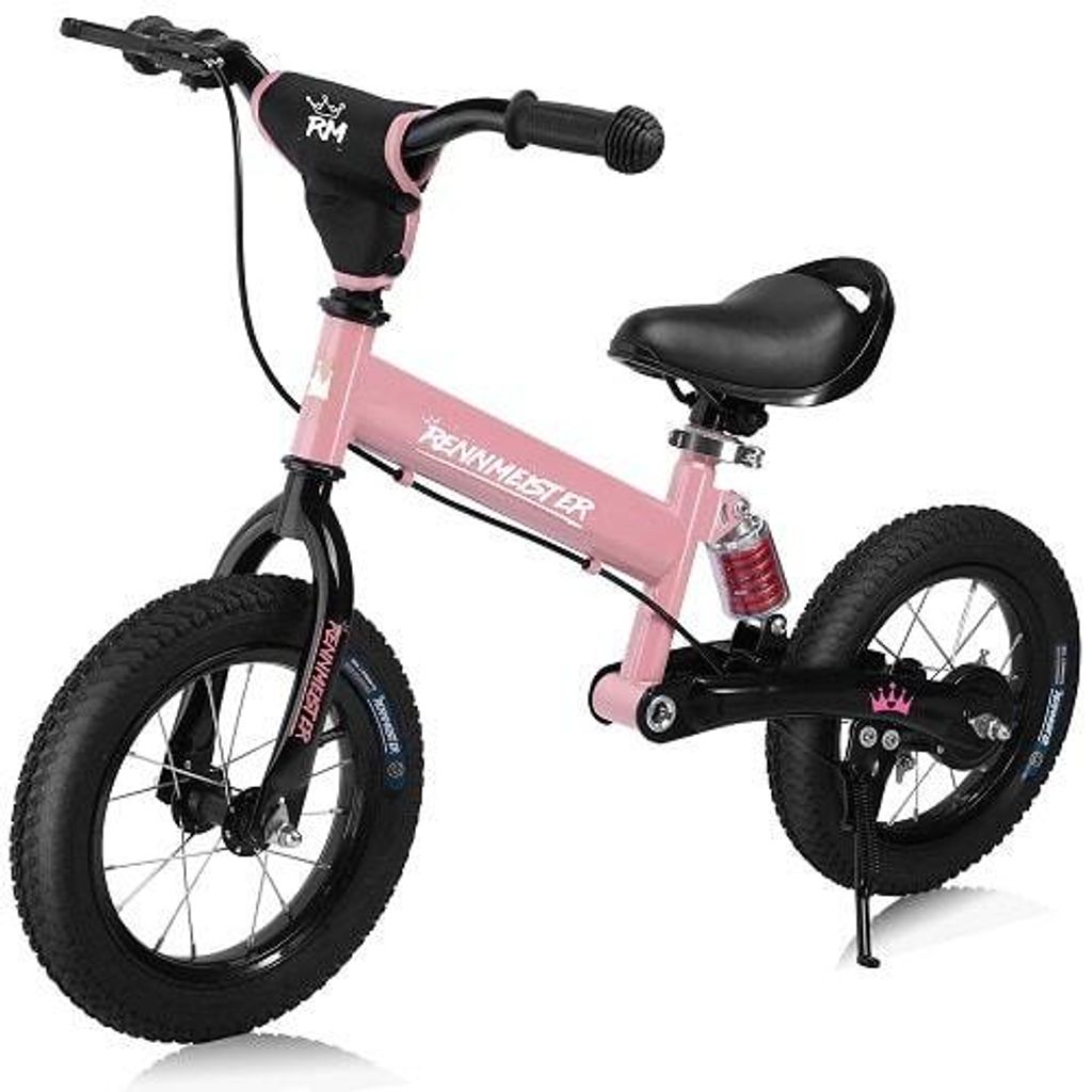A pink balance bike for children.