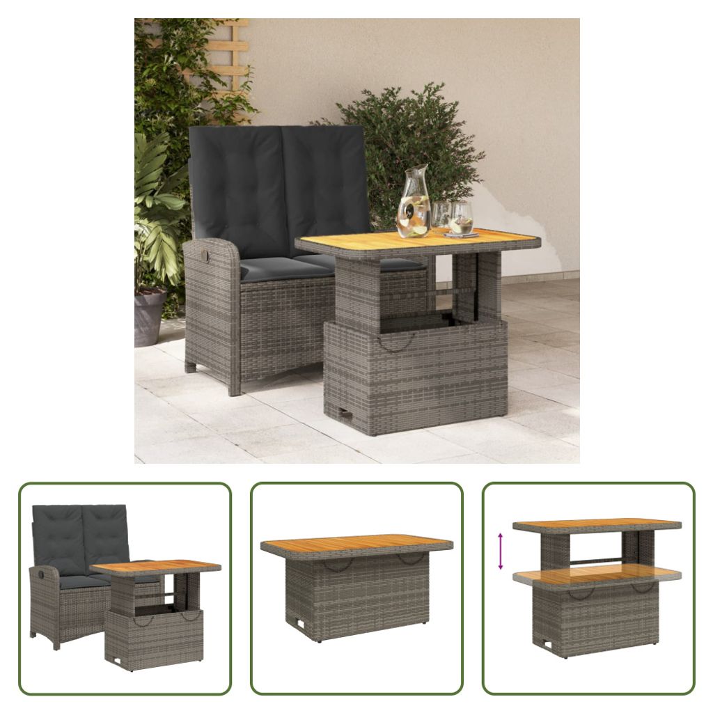 The Living Store 2-tlg. Garten-Essgruppe mit Kissen Grau Poly Rattan