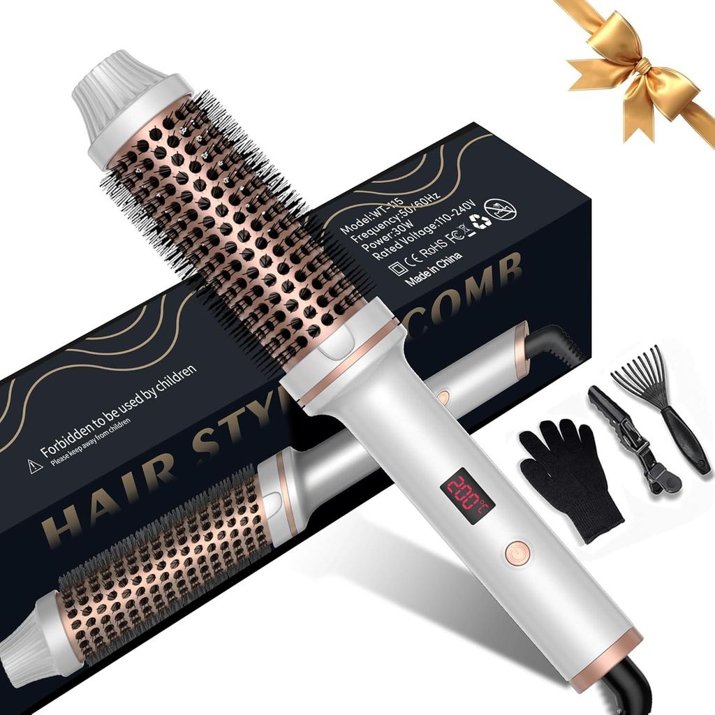 3 in 1 Thermal Brush 38mm, Thermobürste Lockenbürste mit LCD 120-200°C, Glätten, Volumen, Locken, Leicht, Kompakt, Dual Spannung, Ideal für Re...