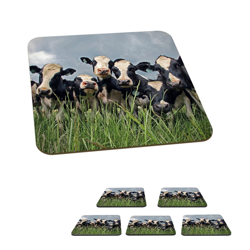 KitchenYeah Glasuntersetzer Quadratisch 6er Set Kuh - Wolken - Gras - Tiere 10x10 cm Untersetzer für Gläser - Getränkeuntersetzer - Tischplatt...